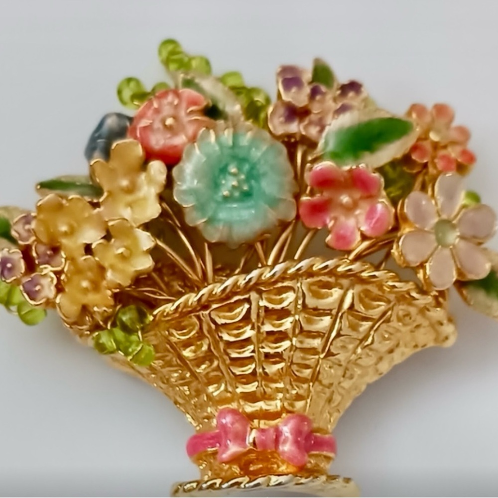Vintage Enameled Flower Basket Brooch